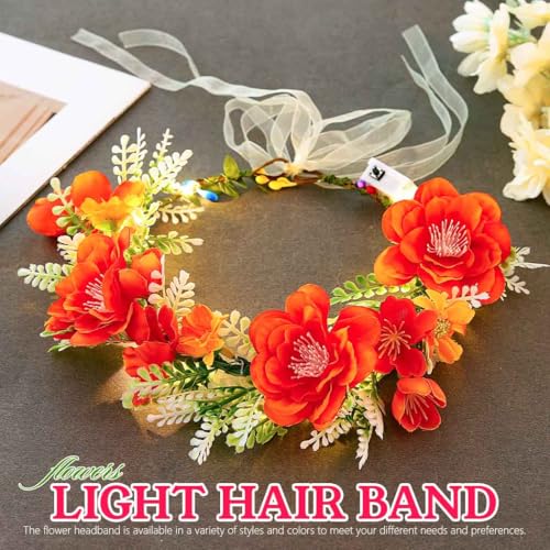 DRESBE Light Up Flower Crown Headband LED Floral Fairy Hair Accessories for Women (Orange)