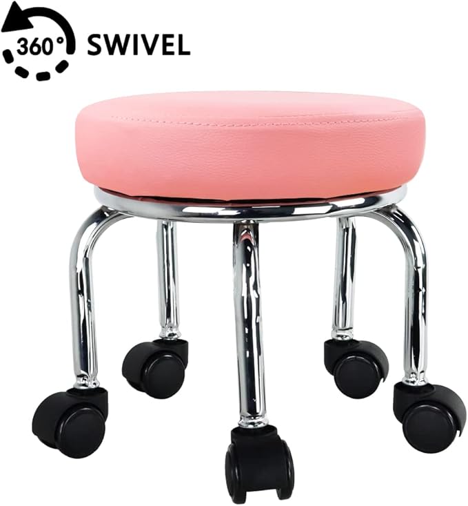 WKWKER Modern Roller Seat PU Leather Low Round Rolling Stool 360° Swivel Small Office Ottoman with Universal Wheels Foot Stool for Home Office Garage Shop Fitness Sport H：12.4" （Pink）