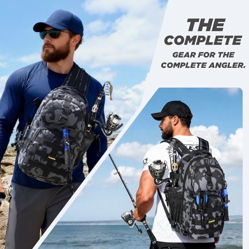 PLUSINNO Fishing Backpack with Fishing Rod and Reel Combos Tackle Boxes, Waterproof Tackle Backpack for Fishing Gear with ...