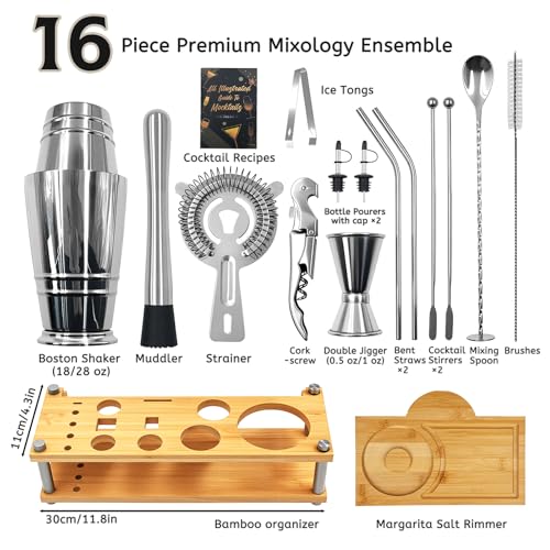Daily Treasures Professional Cocktail Shakers Set with Bamboo Display Stand & Margarita Salt Rimmer,16-Piece Bartender Kit...