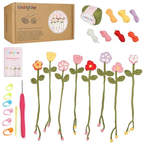 WaldyWop Crochet Kit for Beginners - 8 Flower Bookmarks Knitting Kit w/Step-by-Step Video Tutorials & Soft Yarn, Hook - Wo...