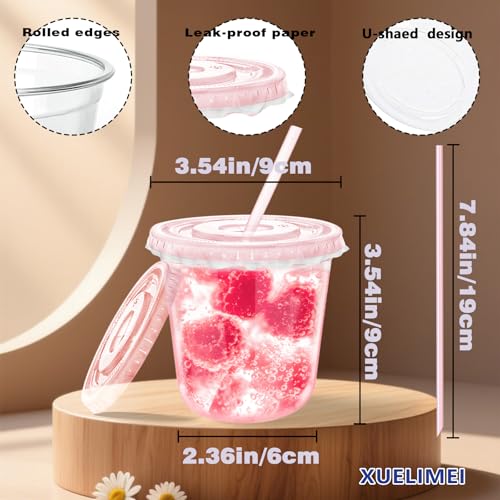12oz Disposable Stemless Glasses with Flat Lids and Straws,PET Disposable Drinking Cups,Clear Plastic Wine Glasses for Par...