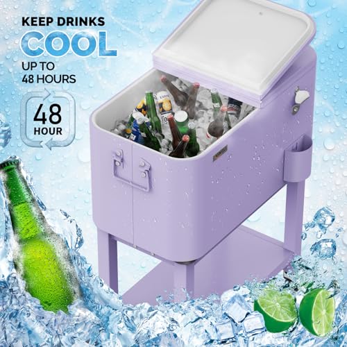 VINGLI Patio Cooler, Rolling Ice Chest on Wheels, Portable Patio Party Bar Drink Cooler Cart, with Shelf, Beverage Pool wi...