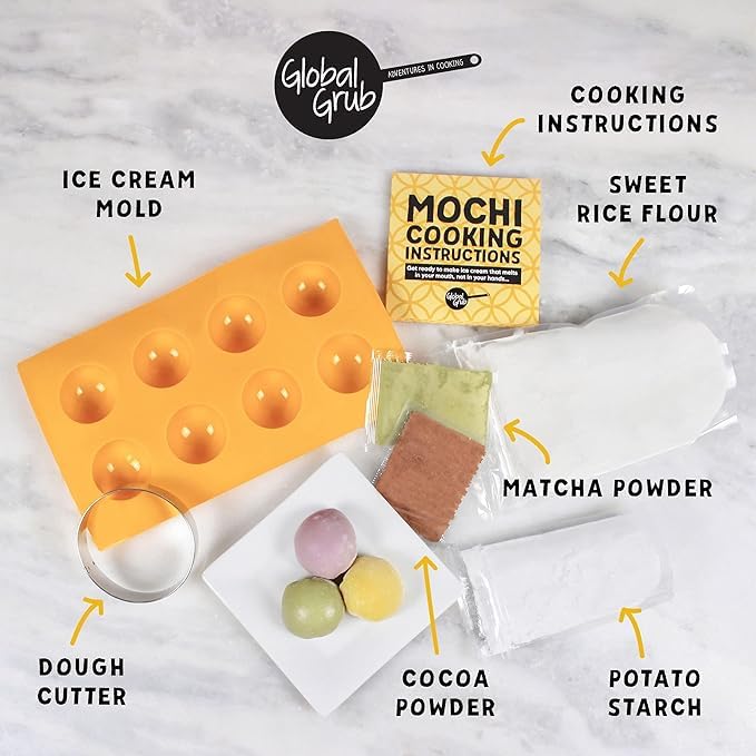 Global Grub Original DIY Mochi Ice Cream Kit - Kit Includes Sweet Rice Flour, Potato Starch, Matcha Powder, Cocoa Powder, ...