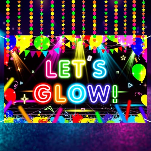 QOUBAI Neon Glow Party Decoration Let's Glow Banner Backdrop Round Neon Garland Neon Star Streamer Neon Glow Photo Booth P...