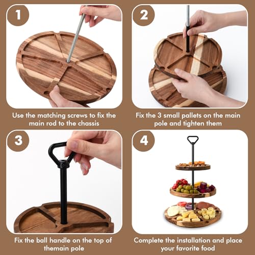 Elegant Charcuterie Boards Three Tiered Acacia Cheese Board and Cupcake Stand with 360° Easy-to-Spin Trays, Perfect for Ga...