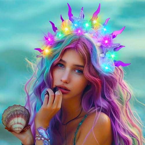 DRESBE Light Up Starfish Halo Headband LED Mermaid Shell Ocean Cosplay Headbands Sea Glow Party Hair Accessories for Women...