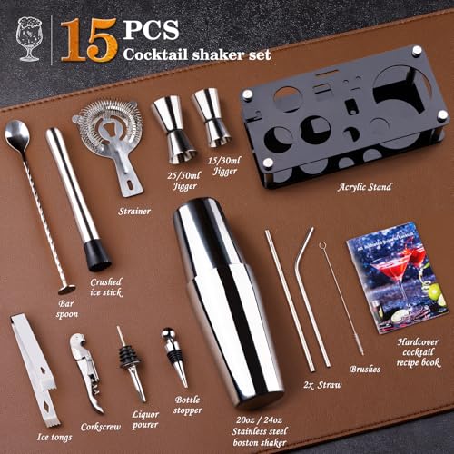 Cocktail Shaker Set Bartender Kit : 15-Piece Bar Tool Set with Acrylic Stand Bars Set with All Practical Bar Accessories, ...
