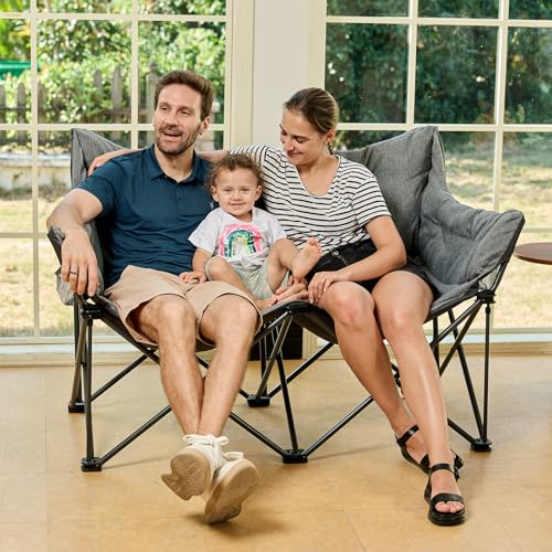 EVER ADVANCED Extra Large Double Camping Chair for Adults, Family Size Padded Folding Camping Love Seat Bench with Side Po...