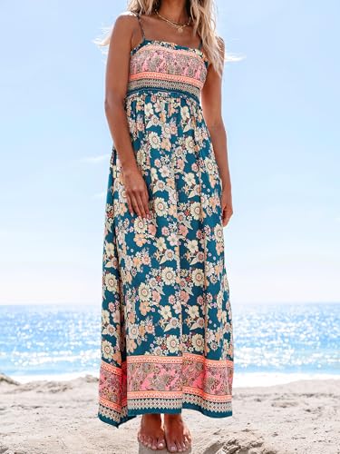 CUPSHE Women's Maxi Dress Ditsy Floral Smocked Summer Sundress Sleeveless Ruffled Spaghetti Straps Long Beach Formal Dress