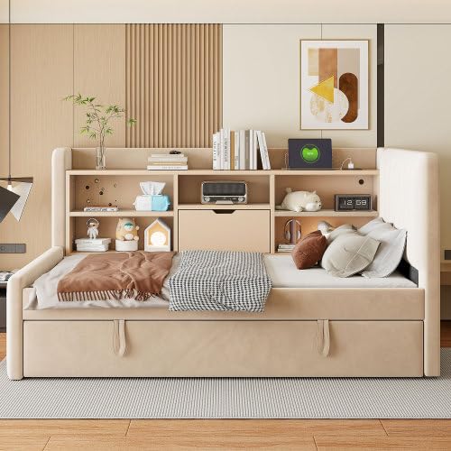 OYUMOENTS Twin Size Corner Bed, Corner Bed Frame Twin with Trundle & Shelves, Upholstered Daybed with USB & Outlet, No Squeaks for Kids Teens Adults, Beige