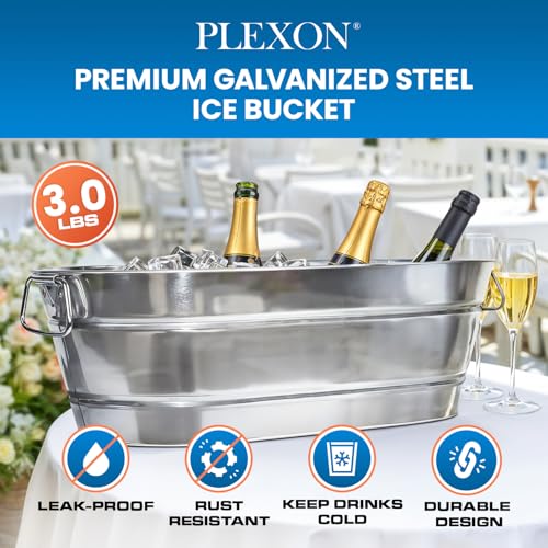 PLEXON Galvanized Tub with Handles - Beverage Tub - Metal Ice Bucket for Parties - Ice Bucket for Cocktail Bar Restaurant...