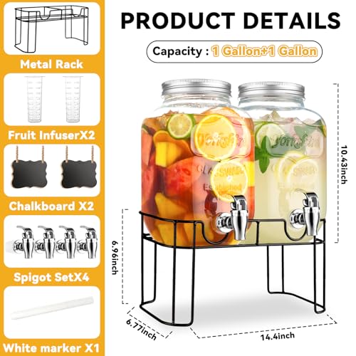 1 Gallon Glass Drink Dispensers For Parties，Lemonade Beverage Dispenser With Stand And Spigot For BBQ, Picnic, Party,Laund...