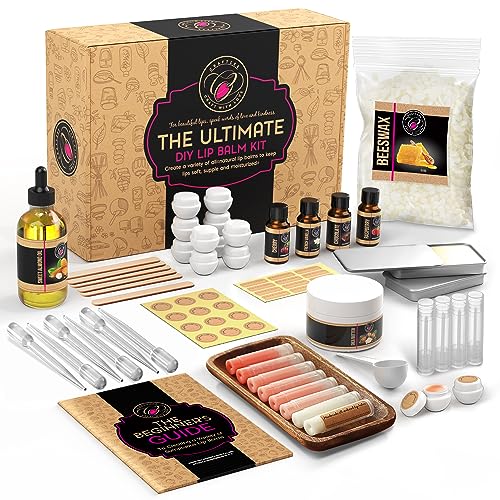 CraftZee 𝗣𝗥𝗘𝗠𝗜𝗨𝗠 Lip Balm Making Kit. DIY Lip Gloss Pack, Natural Beeswax, Shea Butter, Sweet Almond Oil, Essential...