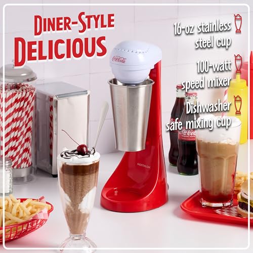 Nostalgia Two-Speed Electric Coca-Cola Limited Edition Milkshake Maker and Drink Mixer, Includes 16-Ounce Stainless Steel ...