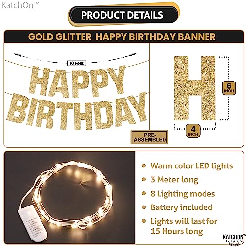 KatchOn, Light Up Happy Birthday Banner - 10 Feet, 8 Modes | Glitter Golden Birthday Party Decorations | Gold Birthday Dec...