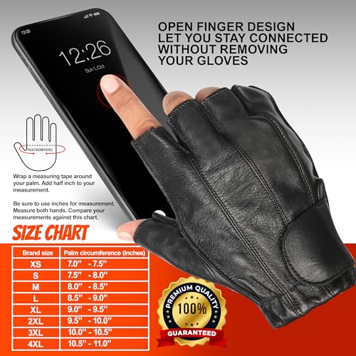 MC Gear Premium Leather Motorcycle Gloves for Men Fingerless Biker Gloves with Gel Palm and Wrist Strap