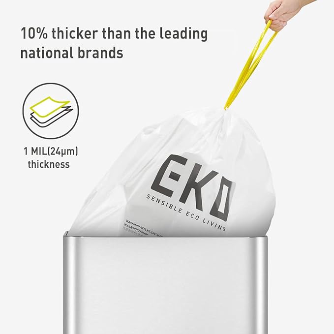 EKO 13 Gallon / 40-60 Liter, 60 Count Drawstring Trash Bags, Extra-Strong Unscented Garbage Bags, Easy-Dispense Roll for Kitchen & Household Use, Leak-Resistant, Code F, White