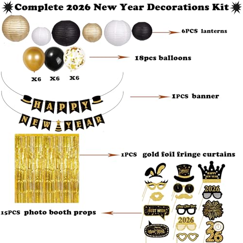 New Years Decorations 2026 – Gold Black White Happy New Year Decorations Kit with Banner, Balloons, Fringe Curtains, Lante...