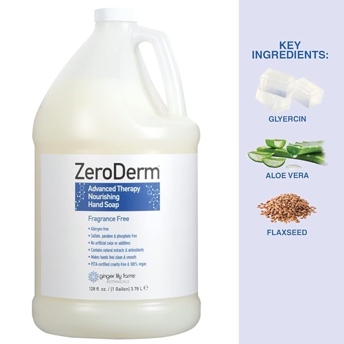 Ginger Lily Farms Botanicals ZeroDerm Advanced Therapy Nourishing Liquid Hand Soap Refill 100% Vegan Cruelty-Free Fragrance-Free, Unscented, 128 Fl Oz