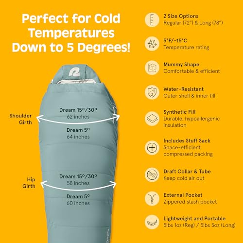 Retrospec Dream Mummy Sleeping Bag - 5, 15, & 30°F Cold Weather Camping & Travel Essential Gear with Water - Resistant She...