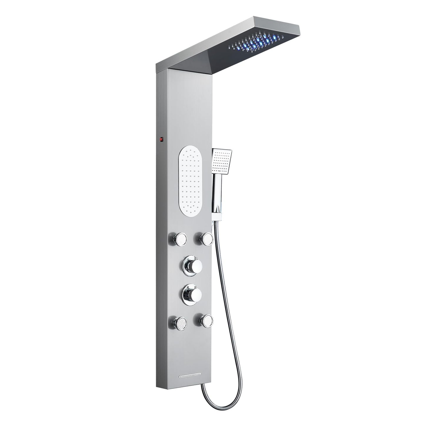 MENATT Luxury Shower Tower System with LED Shower Head, 5 Functions Shower Panel Tower System with 4 pcs Body Massage Jets,Body Waterfall Spray, Handheld Shower and Tub Spout, Brushed Finish