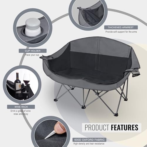 WILDROOTS Outdoor Folding Double Camping Chair Adults 2 Person,Heavy Duty 600 LBS Loveseat with 2 Cup Holder,Portable Carr...