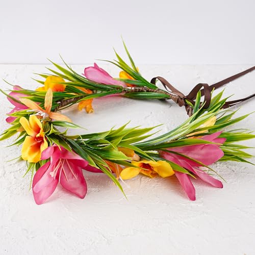 Hawaiian Leis Flower Crown - Artificial Tropical Flower Headpiece Hawaii Floral Headband with Ribbon Lei Luau Dress Up Hai...