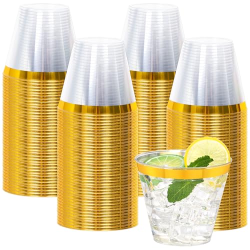 Upigi 100 Pcs Gold Plastic Cups,9Oz Gold Rimmed Plastic Cups,Heavy Duty Gold Rim Clear Disposable Plasitc Cocktail Tumbler...