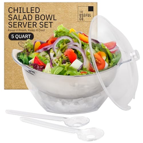 Useful Co. 5QT Salad Bowl Set on Ice - Large Salad Bowl with Lid & 2 Servers - Chilled Tray for Cold Food, Party Buffet - ...