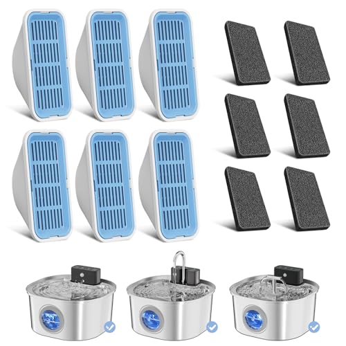 Voluas Replacement Cat Water Fountain Filters, 6 Filters and 6 Pre-Filter Sponges for 108oz/3.2L Stainless Steel Pet Water...