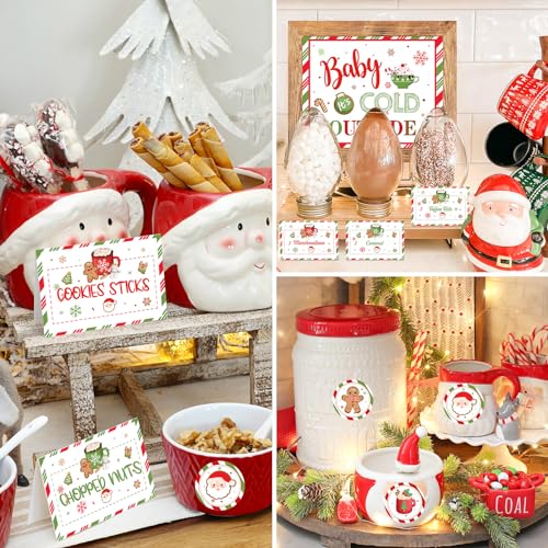 Hot Chocolate Bar Kit,Green Red Christmas Hot Cocoa Bar Supplies, Gingerbread Man Hot Cocoa Bar Banner Sign Toppings Label...