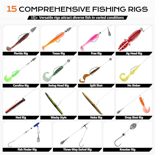 PLUSINNO 449pcs Fishing Gear Accessories Kit, Fishing Tackle Box with Tackle Included, Fishing Hooks, Fishing Weights Sink...