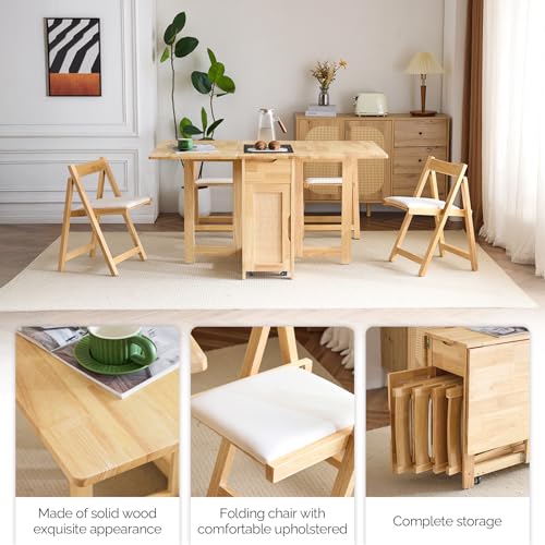 VINGLI 5-Piece Folding Dining Table Set, Extendable Drop Leaf Solid Wood Table with 4 Chairs, Drawers & Wheels, Space-Savi...