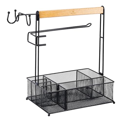VIKEYHOME Grill Caddy, Picnic BBQ Organizer for Camping Outdoor Mesh Basket with 3 Hanging Hooks and Paper Towel Holder, I...