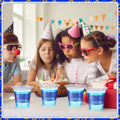LemonRoad 100 Pcs Blue and Gold Rings Plastic Cup 12oz Clear Disposable Cartoon Cups Cold Beverage Drinking Container for ...