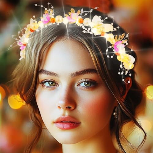 Zehope Light Up Flower Wedding Headbands LED Pearl Floral Headpiece Princess Bridal Hair Accessories for Women