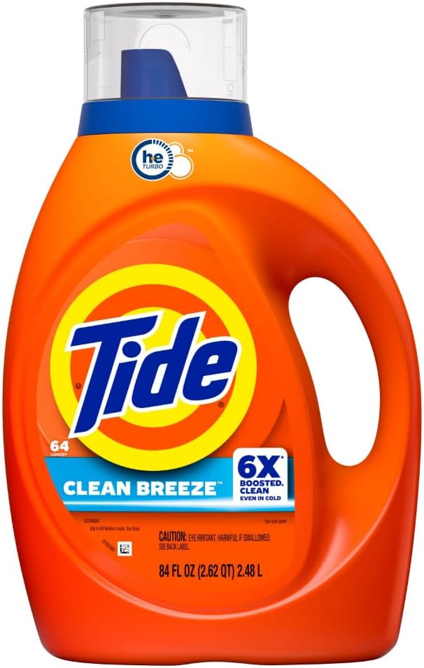 Tide Laundry Detergent Liquid, Clean Breeze Scent, 64 Loads, 80 fl oz, Works on 100% of Common Stains