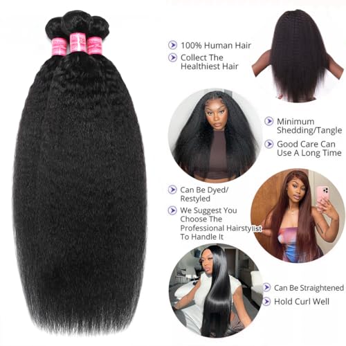 Kinky Straight Bundles Human Hair(16 18 20 Inch) Salon Quality 12A 100% Unprocessed Brazilian Virgin Silky Yaki Straight Human Hair Bundles Hair Weft for Black Women Natural Color