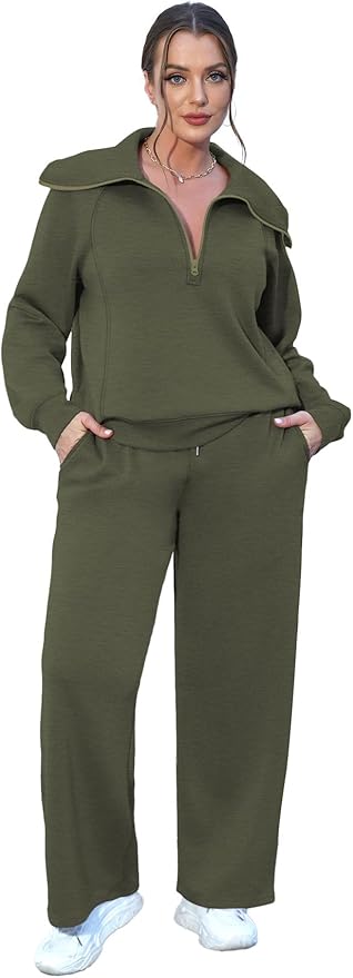 XIEERDUO Lounge Sets For Women 2025 Half Zip Sweatshirt And Wide Leg Sweatpant 2 Piece Outfits Sweatsuit Tracksuit