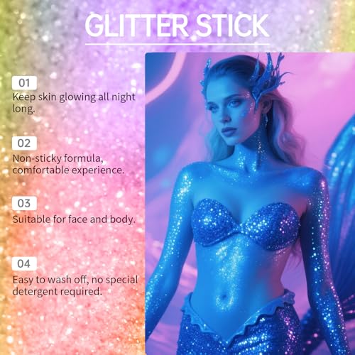 Face and Body Glitter Stick,Holographic Sparkling Neon Outfit Singer Concert Music Rave Festival Party Accessories Glitter...