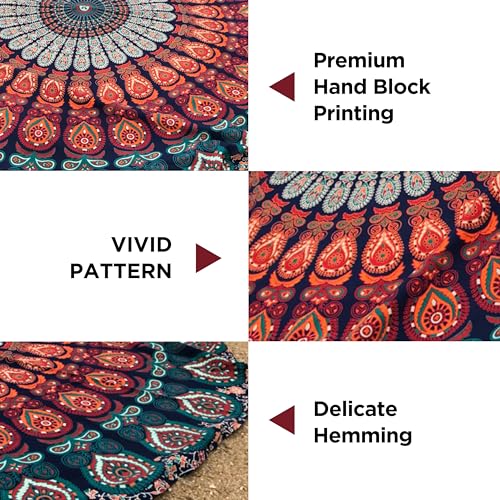 raajsee Blue Orange Mandala Round Beach Tapestry Hippie/Boho Mandala Beach Blanket Roundie/Indian Cotton Throw Bohemian Ro...