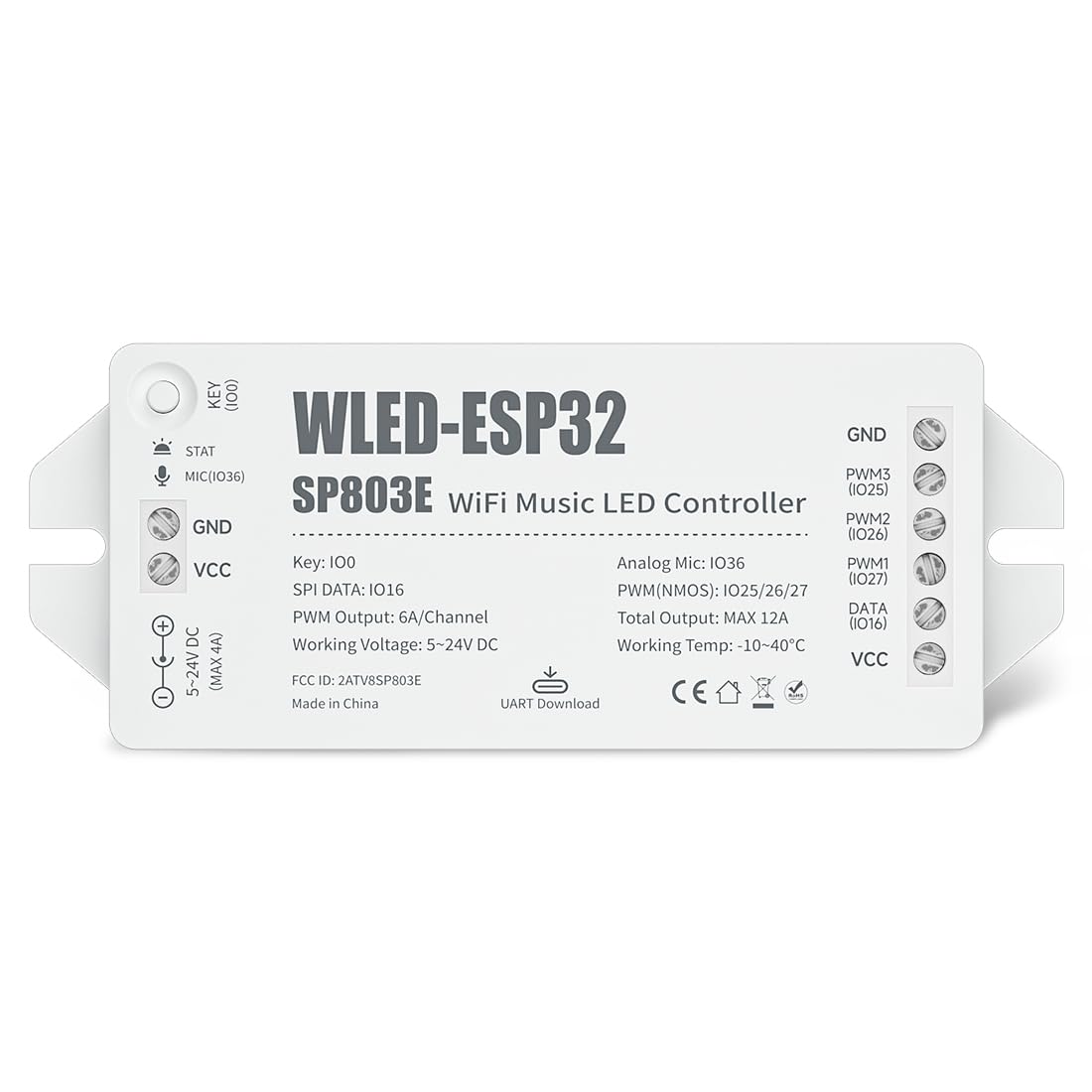 BTF-LIGHTING ESP32 WLED LED Strip Controller SP803E Built-in Mic DIY Dynamic Modes UART USB Type-C Download for WS2811,WS2812,SK6812,WS2814,WS2815 Addressable LED Strip/Matrix,PWM Dimming CCT RGB LED