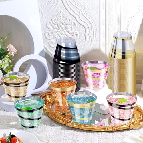 Dualshine 100 PCS Black and Gold Rimmed Swirl Clear Plastic Cups, 9 oz Disposable Plastic Wine Glasses, Heavy Duty Cocktai...
