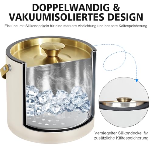 3.2L Modern Insulated Ice Bucket with Silicone Lid, Scoop, Strainer, Double Wall Stainless Steel Ice Bucket for Parties & ...