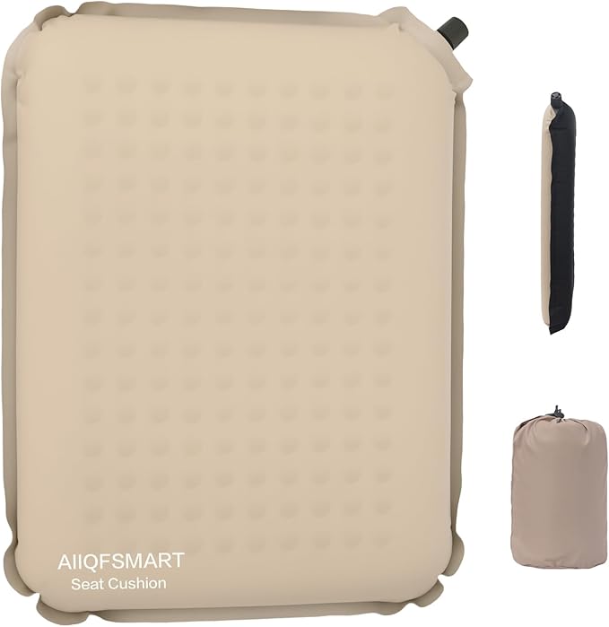 Self-Inflating Seat Cushion,Memory Foam,Stadium Bleacher Airplane Travel Backpacking Camping Long Sitting Office Wokers Car Drivers,2 inches thick,Portable soft durable 210T TPU fabric,Beige+black