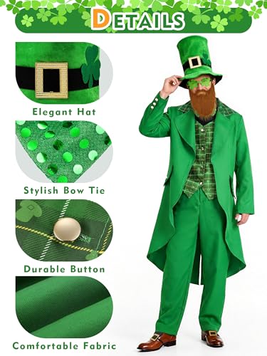SOMSOC 9 Pieces Men St Patrick's Day Costumes Set Adult Irish Suit Outfit with Clover Hat Glasses for St Patrick's Day Party