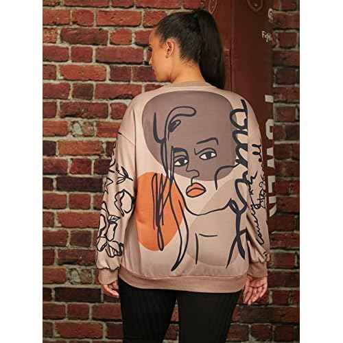 WDIRARA Women's Figure Graphic Print Sweatshirt Round Neck Long Sleeve Contrast Color Graffiti Pullovers