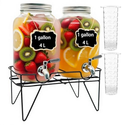 Toowood 1 Gallon Glass Drink Dispensers For Parties 2PACK, Beverage Dispenser, Glass Drink Dispenser with Stand Stainless ...
