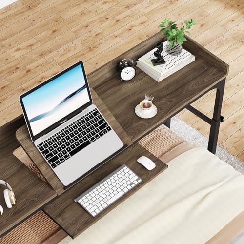 LITTLE TREE Overbed Table with Wheels Adjustable Height, Portable Rolling Table with Outlets & USB Ports for Queen Bed, Giant Computer Desk with Tilt Stand